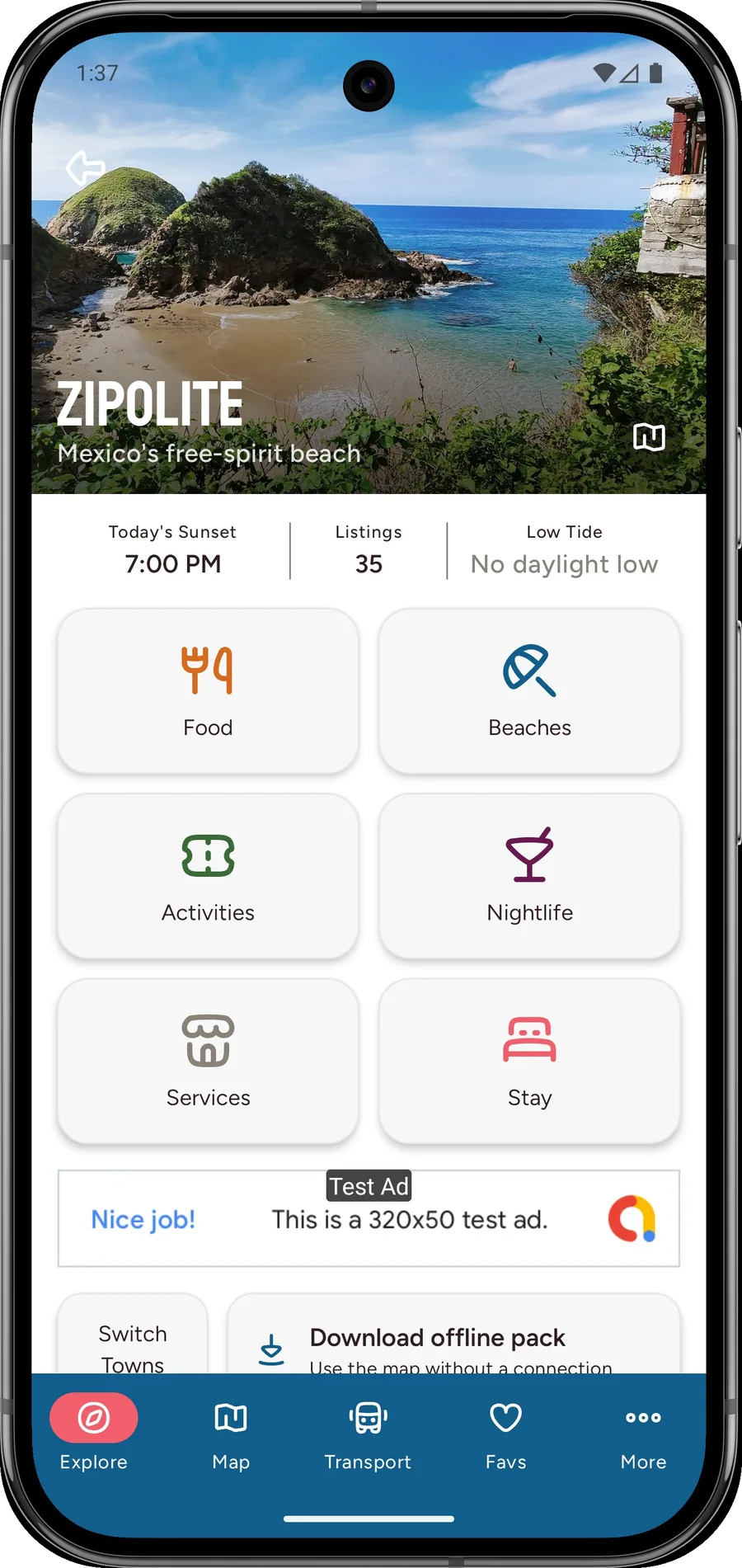 The Oaxacan Coast app showing a town hub screen