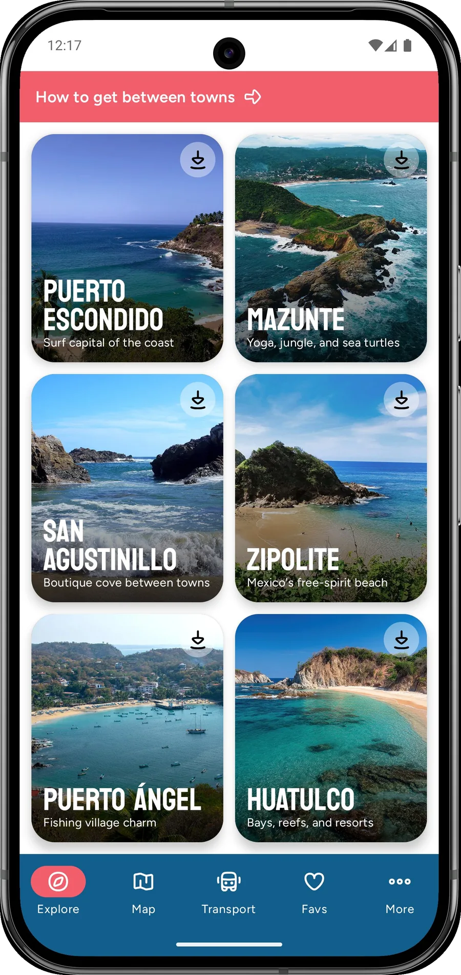 The Oaxacan Coast app showing the town selector screen